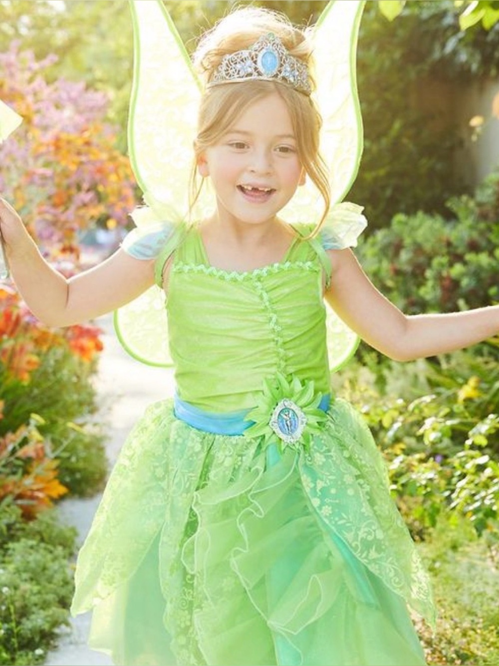 Disney Store Girls Tinkerbell Fairy Costume Glitter Dress Sz 5-6 w/LightUp Wings